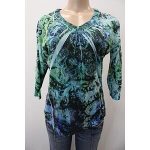 Chicos Blouse Womens Size 1 Long Sleeve Rhinestone Paisley V Neck